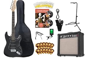 Rocktile Super Kit Komplettset E-Gitarre (Verstärker, Stimmgerät, Kapodaster, Gurt, Plektren, Tasche, Gitarrenständer und Schule inkl. CD/DVD) schwarz