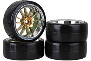 Mxfans 4PCS RC1/10 On Road Car Drift Smooth Wheel Tires & Plastic Plating Golden 12-Spoke Wheel Rims