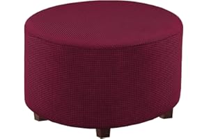 JHLD Round Stretch Ottoman Cover, Spandex Checked Jacquard Fabric With Elastic Bottom Storage Stool Ottoman Slipcovers Washable For Living Room-Wine red-Medium