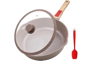 AIKENBBKK Poêle à Frire en Céramique avec Couvercle, Poêle 24 cm avec Antiadhésive Revêtement Céramique- Poignée Amovible- Résistant au four et & lave vaisselle- Marron