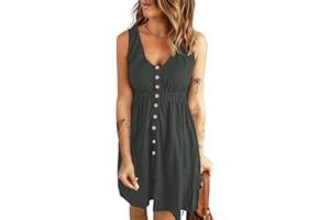 AUSELILY Vestito Donna Estivo con Scollo a V Senza Maniche Lunghezza al Ginocchio Elastico in Vita Decorazione con Bottoni Abito Casual con Tasch