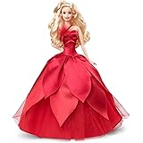 Barbie Signature Magia delle Feste 2022 bambola bionda, capelli ondulati, abito rosso con ampia gonna e orecchini pendenti, d