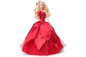 Barbie - Barbie Signature Magia delle Feste 2022 bambola bionda, capelli ondulati, abito rosso con ampia gonna e orecchini pendenti, da collezione, Giocattolo e regalo per Bambini 6+ Anni, HBY03
