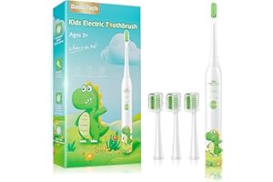 Dada-Tech Spazzolino elettrico per bambini ricaricabile, spazzolino con timer alimentato dalla tecnologia sonica per bambini e bambine dai 3 anni in su, impermeabile e a 3 modalità (Bianco dinosauro)