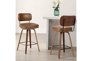 Bekrvio Swivel Counter Height Bar Stools Set of 2, 65CM Upholstered Faux Leather Barstools with Back and Bent Wood Legs, Mid Century Modern Bar Chair Island Stool for Kitchen Counter, Brown