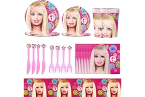 IOSCDH Vajilla de Fiesta de Cumpleaños, 71 Piezas Vajilla Barbie de Fiesta, Platos de fiesta temáticos de Barbie, Servilletas, Manteles, Vasos de papel (10 personas)