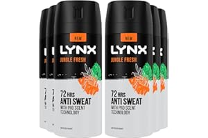 Lynx Men Jungle Fresh Deodorant Body Spray Antiperspirant for 72 hours protection against odour and wetness, with a palm leaves & amber scent 150 ml, Pack of 6