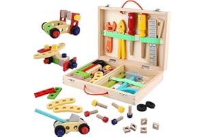 ANTIC DUCK Wooden Tool Box - 34 Pcs Childrens Tool Kit Educational STEM Construction Toy for 3 4 Year Old Boy Girl Gift