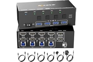 NAWEN KVM Przełącznik 4 komputerowy, 2 monitory, KCEVE 8K 60 Hz, 4K @ 144 Hz, USB 3.0 HDMI KVM przełącznik KVM z emulatorem EDID, do 4PC Share myszy, klawiatury i monitora, stabilny chip, wysoka