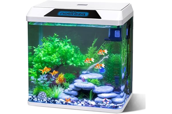 Nobleza - 30L Petit Aquarium Complet avec Système de Filtration Intégré et Éclairage LED, Blanc, Aquariums d'Entrée de Gamme pour Poisson