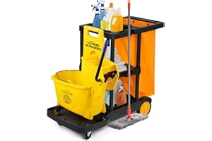 mosegor Janitorial Trolley Cleaning Trolley On Wheels Large Capacity 56x113x88cm Catering Housekeeping Commercial Cleaning Utility Service Cart Utility Oxford Bag,Side Hook Design,Storage Shelf