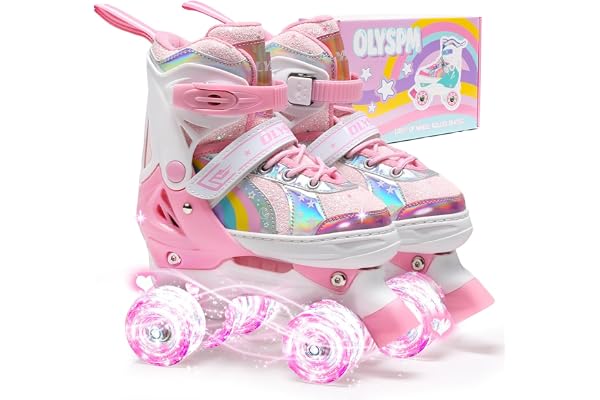 OLYSPM Patins à roulettes pour Enfants, 8 Roues Lumineuses et 4 Tailles réglables, Patins à Quatre Roues avec Sac de Rangement, Patins à roulettes à Double rangée pour Filles, garçons et débutants