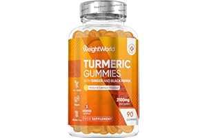 WEIGHTWORLD Turmeric Gummies with Black Pepper & Ginger 2100mg | 90 Vegan Gummies | Natural Lemon Flavour | 3 Months Supply | Non-GMO & Gluten Free | 3-in-1 Turmeric Supplement for Men & Women