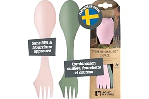 Light My Fire Spork Original - Fourchette Cuillère de Camping - Couvert de Camping 3-en-1 - Couteau et Fourchette-Cuillère réutilisables - Couvert Multi Fonction sans BPA - Lot de 2, Green/Pink