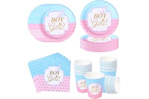 AINIUNIU Gender Reveal Partygeschirr für 20 Gäste, Baby Shower Geschirr, Gender Reveal Geschirrset, Boy or Girl Pappteller, Servietten, Pappbecher, Babyparty Deko Partyzubehör