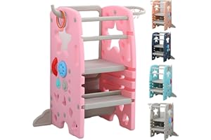 THUNDER GROUP Kids Step Stool, Adjustable Standing Platform | Learning Tower for 1+ Year Old | Toddler Learning Tower 4 Modes (Basketball, White Board, Busy Board, Rings) (Baby Pink)