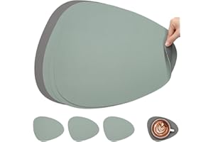 Myir JUN Leather Table Mats and Coasters, Placemat Round PU Waterproof Dual-Sided Kitchen Place Mats Coffee Mats Non-Slip Washable Placemats and Coaster Sets 4 (Set of 4, Gray Sage green)
