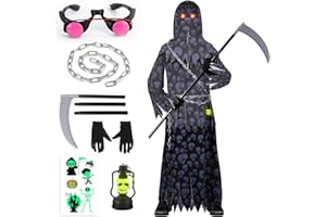 BITOWO Deguisement Faucheuse Enfant Halloween Costume Faucheuse Enfant Cape Halloween Garcon 5-14 ans Déguisement Faucheuse Cape Robe Noire Halloween Cosplay Accessoire Faucheuse Faucille Chaine Halloween