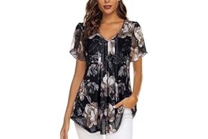 ACDAY Womens Blouses V Neck Ladies Tops Petal Short Sleeve Chiffon Tops Double Layers Mesh Tunic Tops Casual Shirts