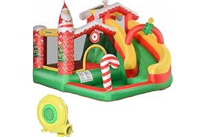 Outsunny Weihnachten Aufblasbare Hüpfburg mit Rutsche Ballgrube für 3 Kinder Springburg mit Gebläse für 3-8 Jahre Innenbereich Oxford-Gewebe Polyester Rot+Grün+Weiß 290 x 280 x 220 cm
