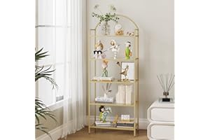 Hzuaneri 5 Tier Bookcase Bookshelf, Tempered Glass Bookshelves, Slim Shelving Unit for Bedroom, Bathroom, Home Office, Steel Frame, Gold BC21599G