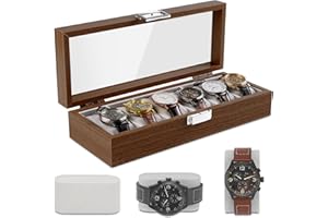 NAEBRO Uhrenbox Holz Uhren Aufbewahrungsbox für 6 Uhren, Uhrenkasten mit Glasfenster und Samt Uhrenkissen, Uhrenschatulle Uhren Box für Herren und Damen