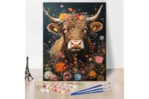 TISHIRON krowa górska, malowanie według liczb, dla dorosłych, eksplozja kwiatów wokół szkockiej krowy górskiej, akwarela, paleta kolorów, fantazyjna dekoracja ścienna do stylu wiejskiego, 40 x 50 cm
