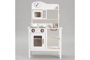 KIDOZ ONLINE KIDS SHOP Kidoz Essential Kids Wooden Kitchen, Large Pretend Role Play Toy Kitchen With Utensils, Oven, Microwave, Clock & Sink With Taps, Pretend Kitchen Playset Toy with Accessories for Kids (White)