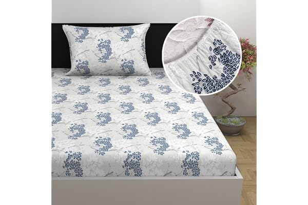 Divine Casa 144 TC Cotton Abstract Print Single Bed Elastic Fitted Bedsheet with 1 Pillow Cover (90 X 198 + 15 cm, Mushroom Grey)