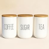 3&rsquo;l&uuml; Seramik Bambu Kapaklı Beyaz Kavanoz Seti 1000 ML &ndash; Coffee/Sugar/Tea &ndash; Bambu Kapaklı