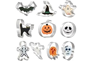 CRETHINKATY Lot de 10 Emporte-Pièces Halloween en Acier Inoxydable pour Pâtisserie - Fantôme, Chauve-souris, Chat, Bonhomme en Pain D'épices, Citrouille, Crâne, Rond et Chapeau de Sorcière