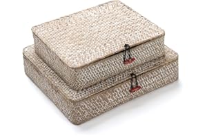 DECRAFTS Paniers pour étagères Rectangulaires avec Couvercle Rotin Panier de Rangement en Jonc De Mer 2 Pièces (Whitewash Grand + Petit)