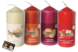 SHOPZEE TRADING LTD Festive Pillar Candle Bundle: Pack of 4 x Wickford & Co Scented Candles – 35-Hour Burn Time | Includes ShopZee Candle Safety Tips Guide (Festive Candles Mixed)