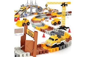 MINI TUDOU Construction Race Tracks Set, Flexible Train Tracks w/ 2 Electric Construction Race Vehicles w/Lights, STEM Engineering Race Track Toys with Dump Truck, Crane Assort Acessories for Boys Girls