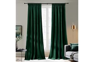 PONY DANCE Dark Green Velvet Blackout Curtains - Christmas Pencil Pleat Curtains Thermal Insulated Luxury Drapes with Rod Pocket for Bedroom Living Room, 52x90 Inches, 2 Panels