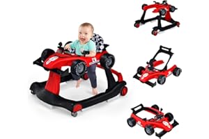 COSTWAY Trotteur Bébé Garçon Pliable 4 en 1 avec 3 Hauteur Réglable, Trotteur Marche Bébé Garçon Évolutif avec Musique & Lumière, Roues Silencieuses, 5 Patins Antidérapants pour 6-18 Mois(Rouge)