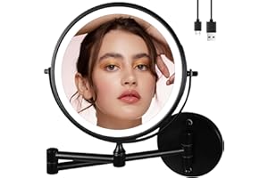 TUSHENGTU 9" Large Black Wall Mount Magnifying Mirror With Light, Rechargeable Lighted Makeup Vanity Mirror Wall Mounted Shaving Mirror, 10X/1X Magnifying Vanity Mirror for Bathroom 360° Double Sided