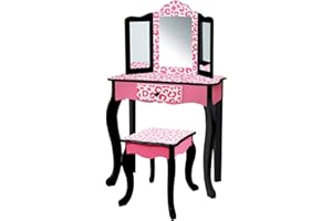 Teamson Kids Leopard Prints Wooden 2-pc. Play Vanity Set with Tri-Fold Mirror, Storage Drawer and Matching Stool to play dress-up, princess or beauty shop, Black/Pink