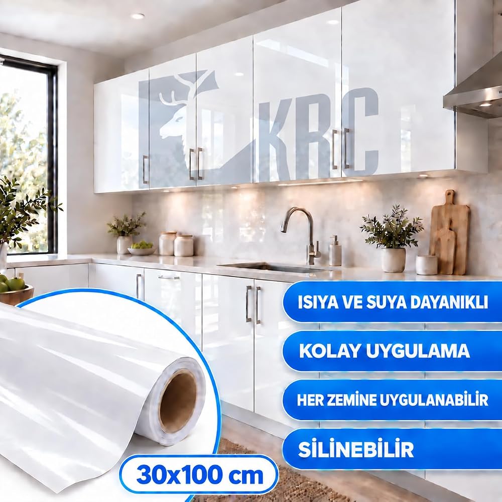 KRC Parlak Beyaz Kendinden Yapışkanlı Dolap Kaplama Folyosu 30x100 cm – Mutfak ve Banyo İçin