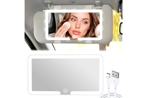 Lypumso Espejo de Maquillaje con Luz para Coche, Espejo Parasol Coche LED Universal con 3 Modos de Luz y Pantalla Táctil, Espejo de Tocador para Visera de Coche Recargable, Portátil, Blanco