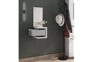 Dmora Mobile da ingresso con specchio, entratina per atrio con cassetto e ripiano, Svuotatasche per piccoli appartamenti, cm 43x32h90 cm, colore Bianco e Cemento