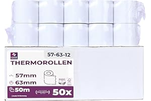 ‎LYNNE PAYMENT SOLUTIONS Thermorollen 57mm x 50m x 12mm - Kassenrollen - Bonrollen für Registrierkasse mit Bondrucker - Thermopapier für Kassensysteme – BPA Frei (57-58x63x12) (50 Rollen)