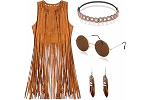 YADODO Costumes Hippie Tenues pour Femmes Deguisement Hippie Gilet à Franges Sans Manches Filles Style Années 60s 70s Costumes Hippiques Ensemble Hippie Marron En Cuir pour la Fête Costumée Disponible