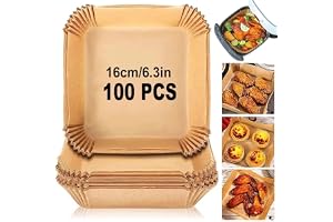 SKY-TOUCH 100 Pieces Air Fryer Disposable Paper Liners,Non Stick & Oil Proof Parchment Paper for Microwave and Gas Ovens,Square Food Grade Water-proof Baking Paper for Air Fryer,16cm/6.3inch,Brown