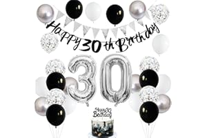 JOBKOO Deko 30 Geburtstag Mann, Schwarz Tortendeko 30 Geburtstag Frauen Deko mit Luftballons 30. Geburtstag Banner Schwarz Silber Weiß Party Ballons 30 Geburtstag Dekoration, Geburtstagsdeko 30 Jahre Männer