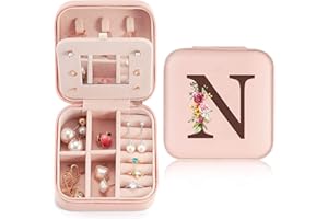 SINEKONG Portagioie con Nome Iniziale N e Fiore Scatola Portagioie da Viaggio Mini Organizzatore di Gioielli con Specchio Donne Ragazze Piccolo Regalo per Compleanno Proposta Damigella
