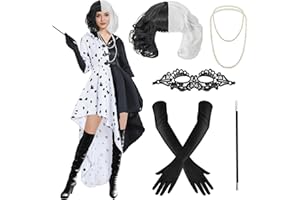 IEEILULU Carnaval Cruella Disfraz, Cosplay de la Reina Malvada, Vestido de Cruella Deville Con Collar, Peluca, Guantes, Abrigo para Mardi Gras