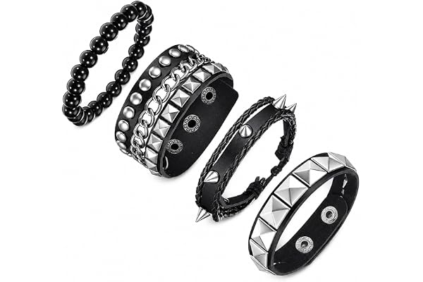 Ajcotahm 4 st dubbade armband, punk rockarmband, emo spike armband läder tryckknapp metall 80-tal armband manschettarmband justerbar för män kvinnor vippkläder tillbehör
