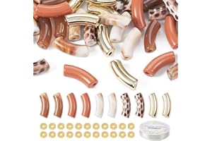 Kit Bestewelry de fabrication de bracelets extensibles incurvés - 40 perles tubulaires opaques acrylique Marron doré Léopard - 30 perles d'espacement