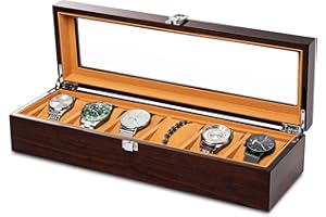 Niboow Scatola per Orologi in Legno a 6 Griglie, Scatola per Orologi con Coperchio in Vetro, Organizzatori Espositore Custodia Portaorologi, Scatola per Orologi con 6 Supporti per Orologi Rimovibili